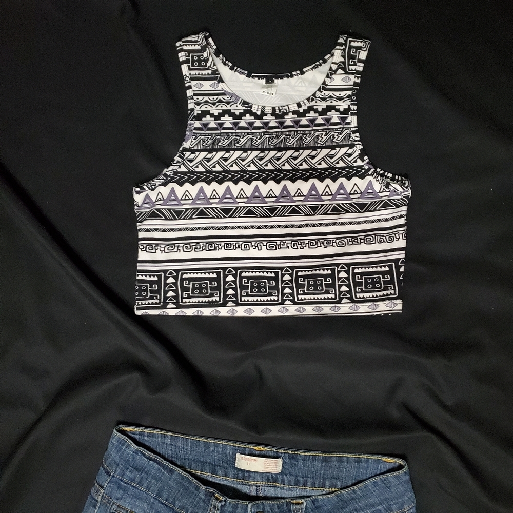Snall Black and White Geometric Patterned Crop Top